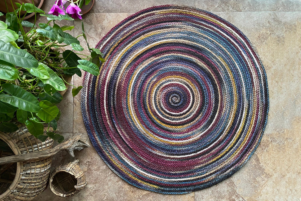 
                
                    Load image into Gallery viewer, purple tone hand braided jute area rug made in Bangladesh
                
            
