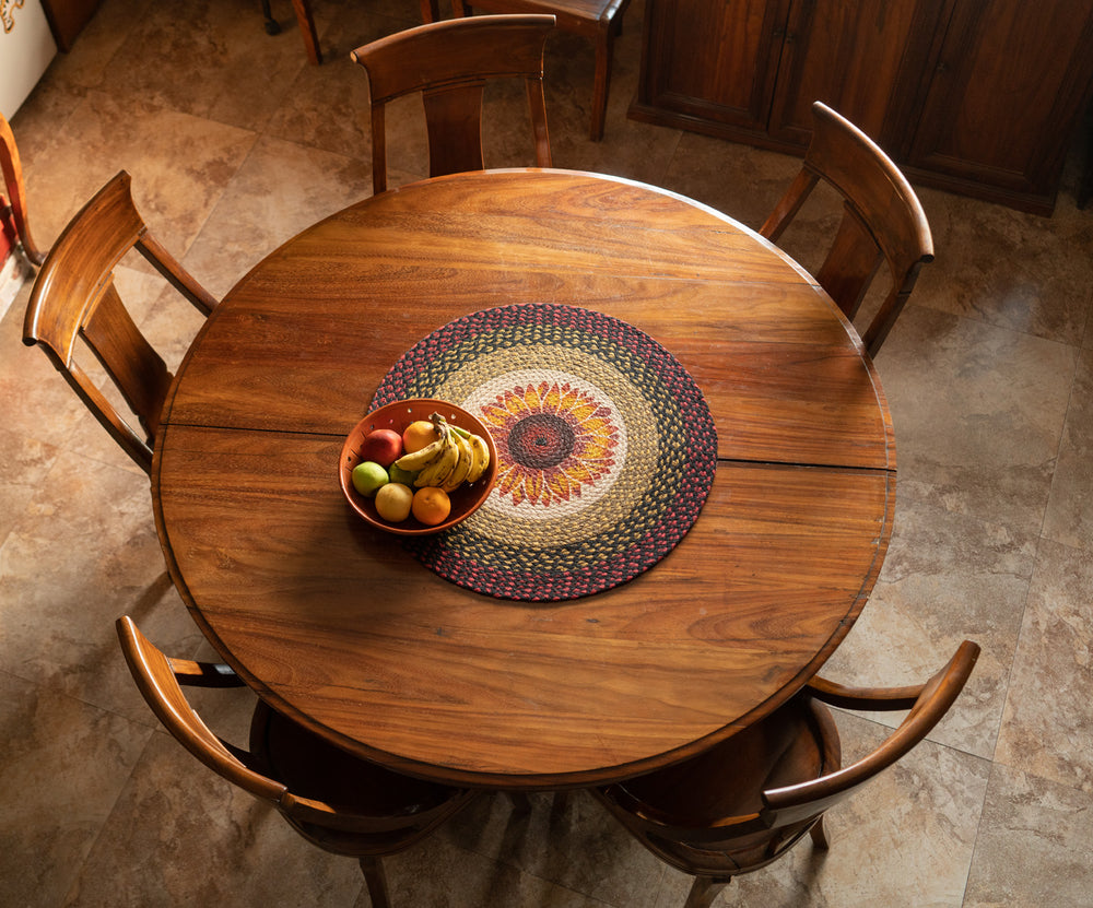 round jute table runner with fruit bowl on table 